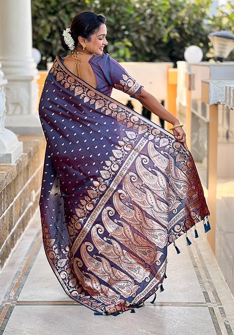 Purple Woven Banarasi Silk Saree Set