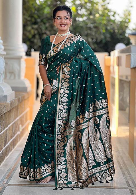 Green Woven Banarasi Silk Saree Set