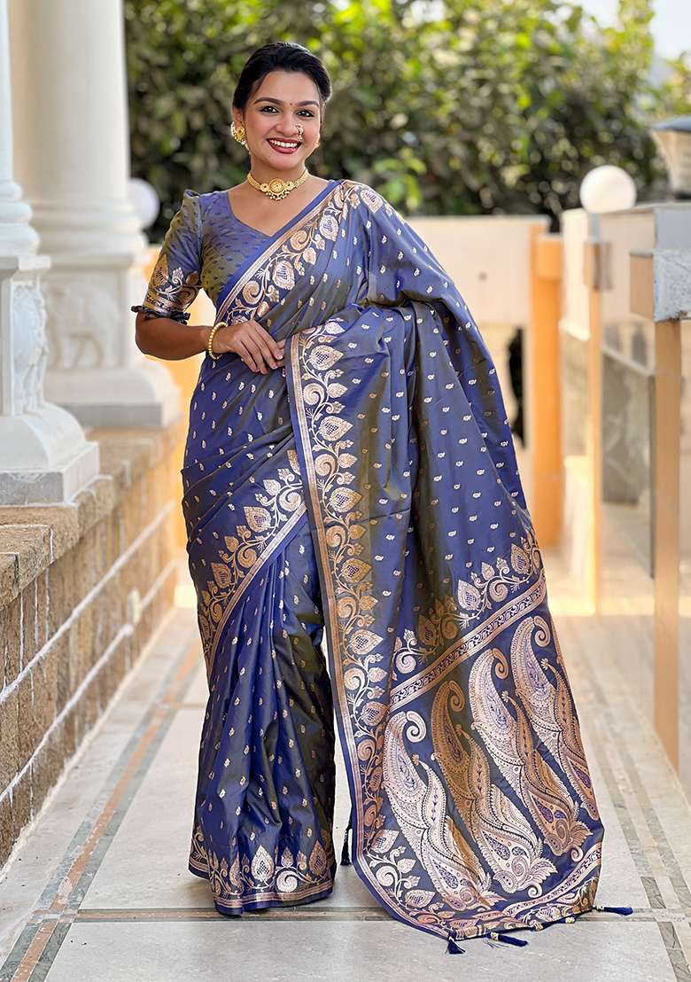 Grey Woven Banarasi Silk Saree Set - Indya