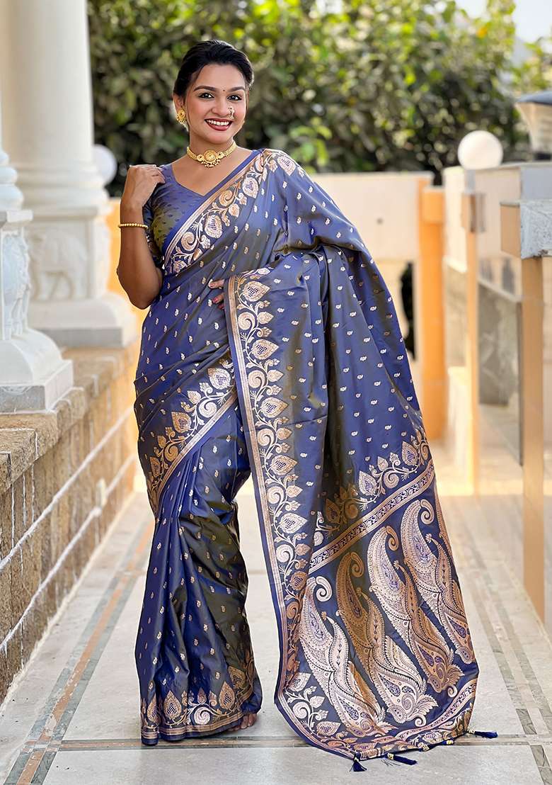 Grey Woven Banarasi Silk Saree Set - Indya
