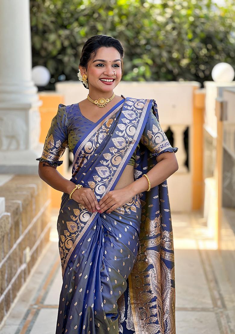 Grey Woven Banarasi Silk Saree Set