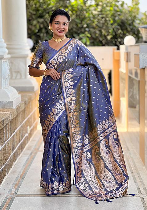 Grey Woven Banarasi Silk Saree Set