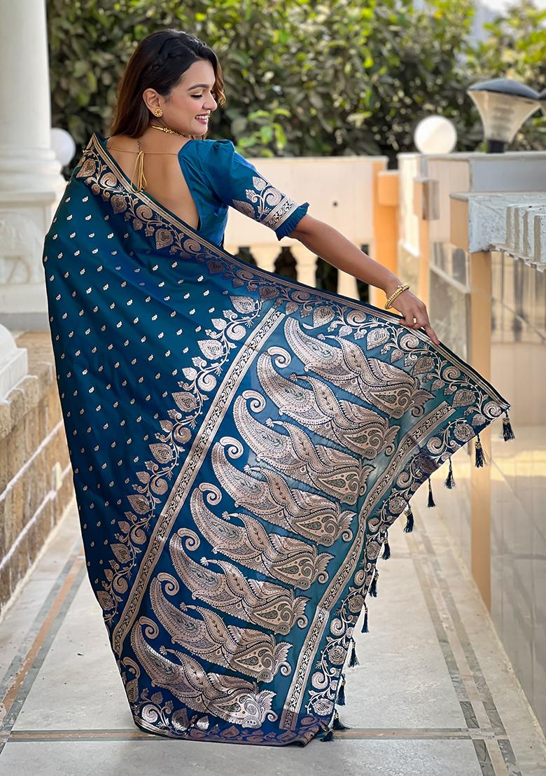 Morpich Blue Woven Banarasi Silk Saree Set
