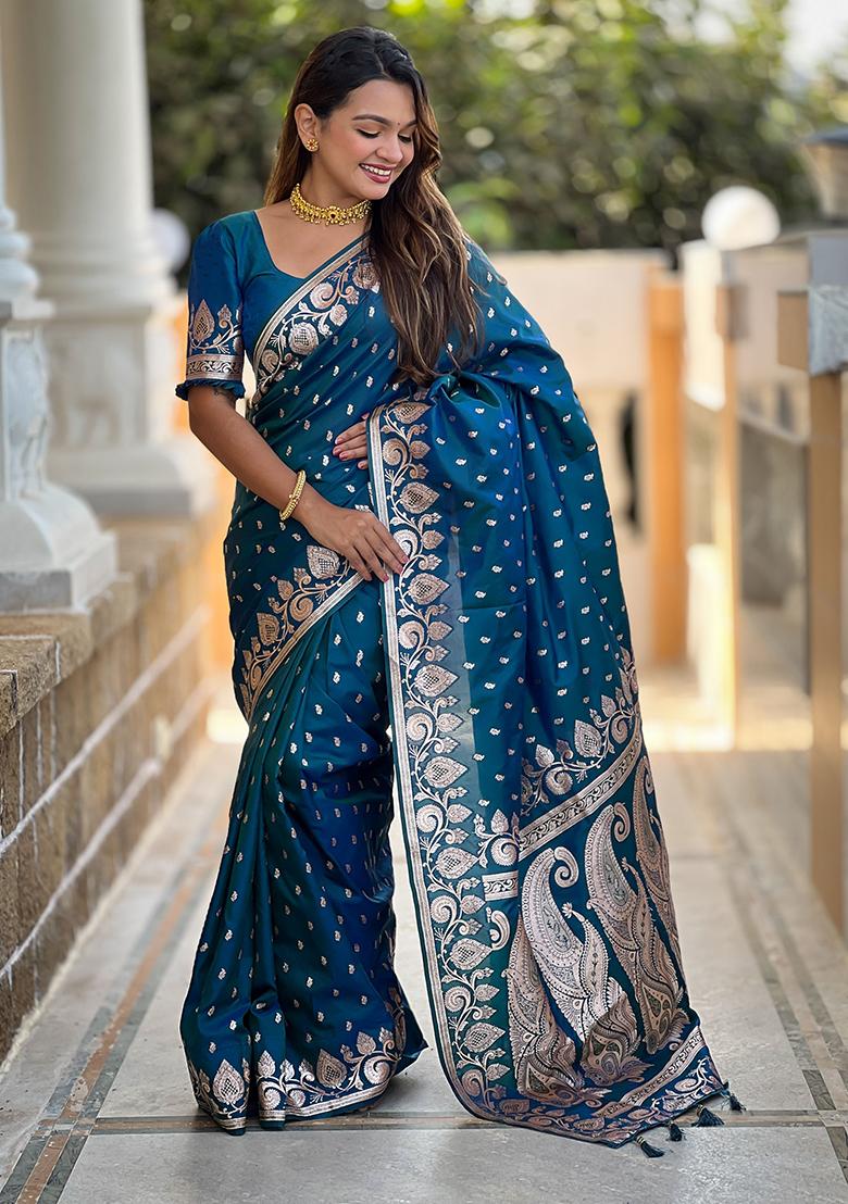 Morpich Blue Woven Banarasi Silk Saree Set