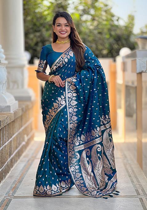 Morpich Blue Woven Banarasi Silk Saree Set