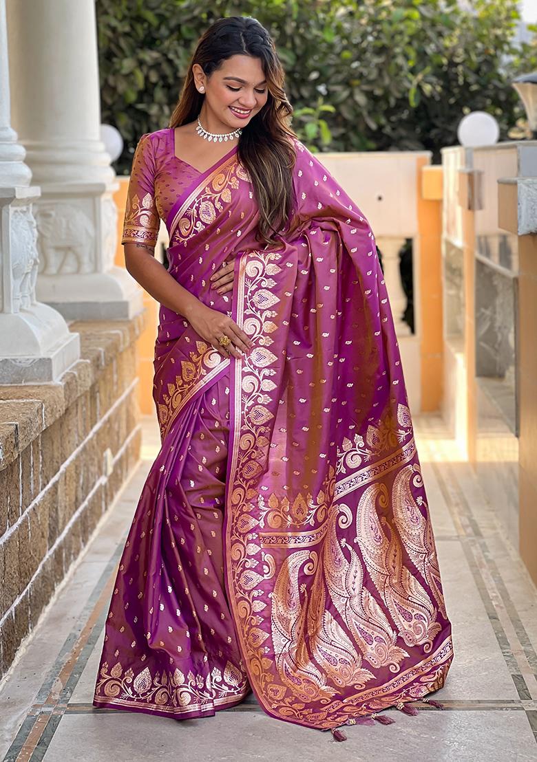 Onion Pink Woven Banarasi Silk Saree Set