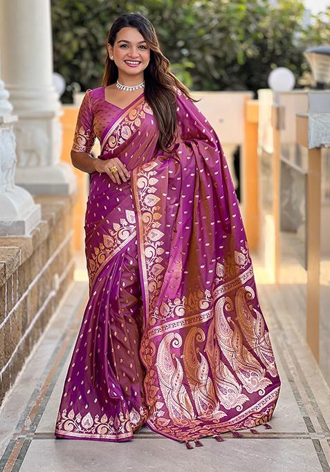 Onion Pink Woven Banarasi Silk Saree Set