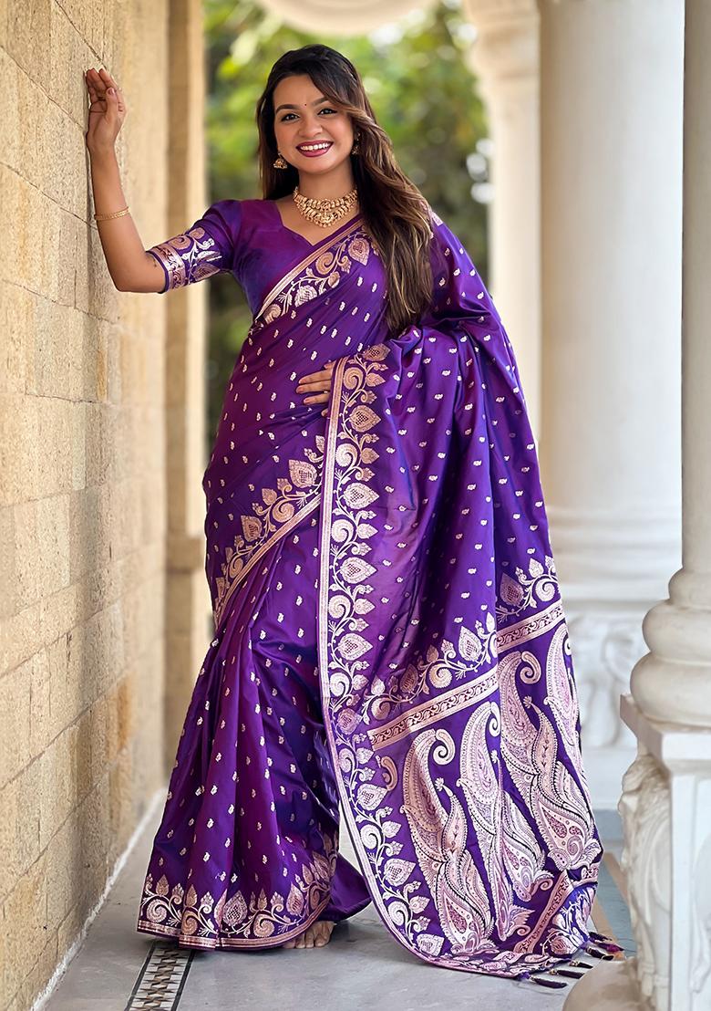 Voilet Woven Banarasi Silk Saree Set