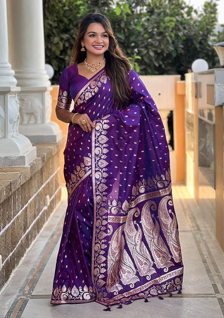 Voilet Woven Banarasi Silk Saree Set