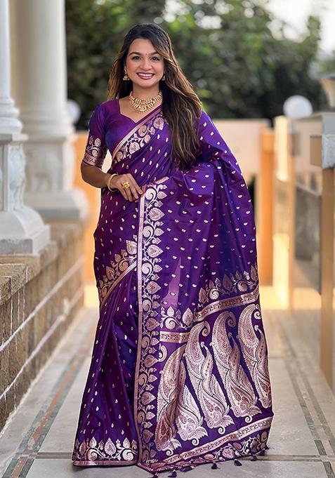 Voilet Woven Banarasi Silk Saree Set