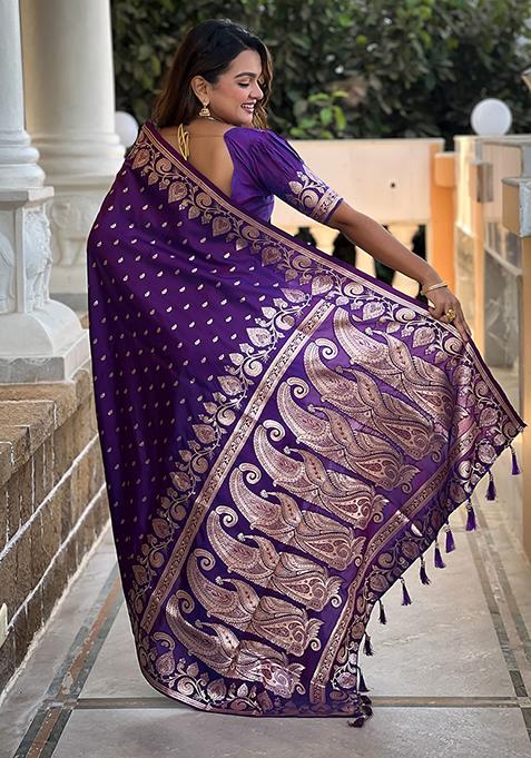 Voilet Woven Banarasi Silk Saree Set