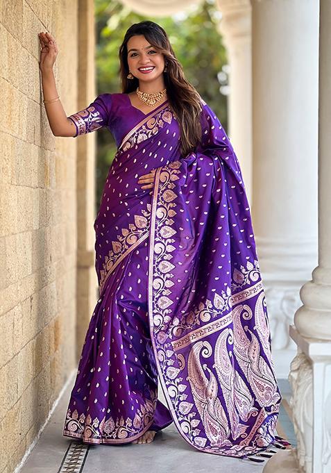 Voilet Woven Banarasi Silk Saree Set