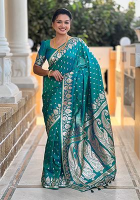 Rama Green Woven Banarasi Silk Saree Set