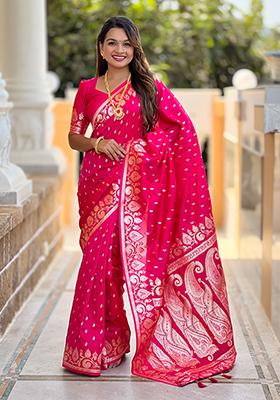 Pink Woven Banarasi Silk Saree Set