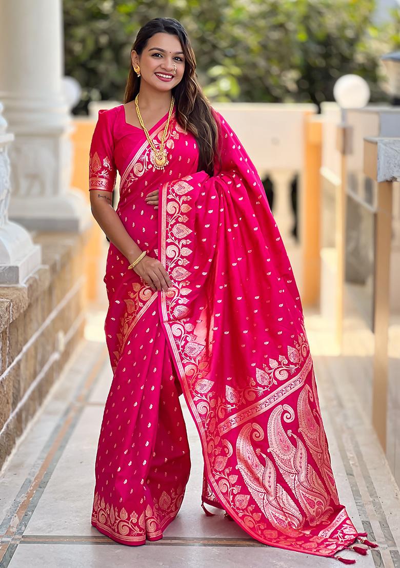 Pink Woven Banarasi Silk Saree Set
