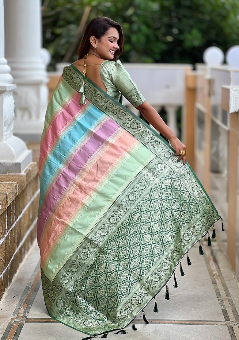 Pista Green Woven Silk Saree Set