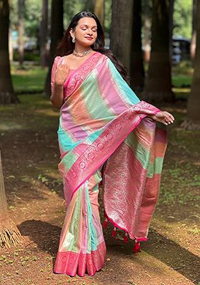 Pink Woven Silk Saree Set