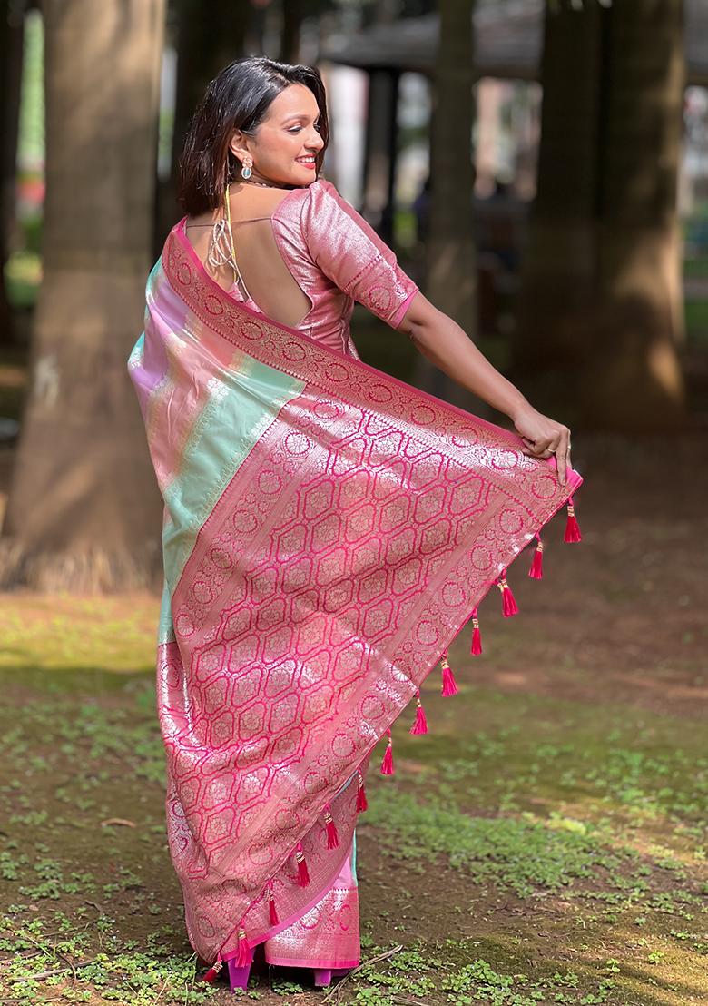 Pink Woven Silk Saree Set