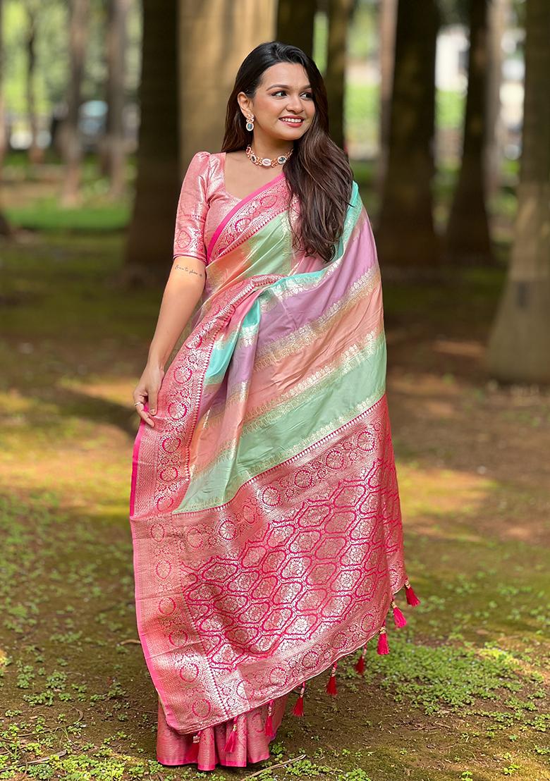 Pink Woven Silk Saree Set