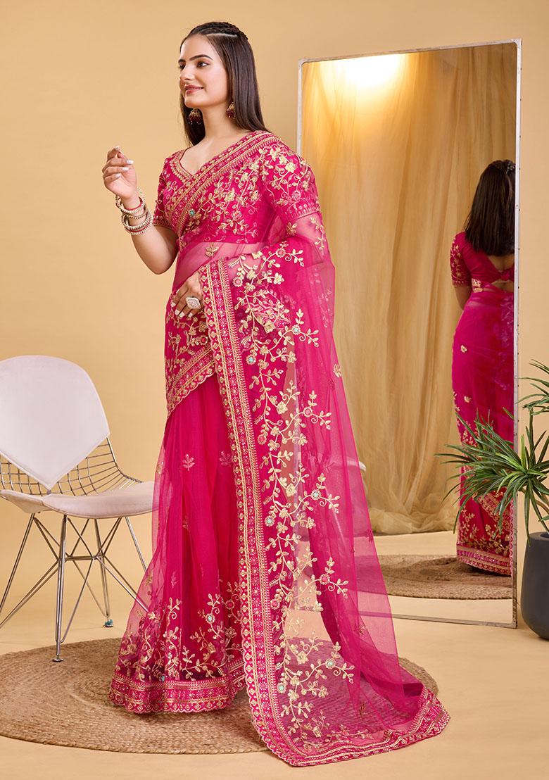 Dark Pink Embroidered Soft Net Saree Set