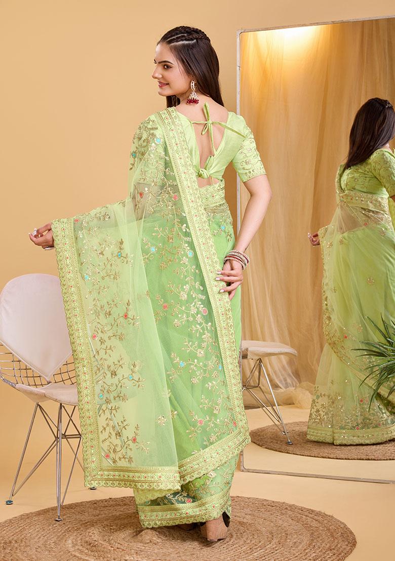 Pista Green Embroidered Soft Net Saree Set