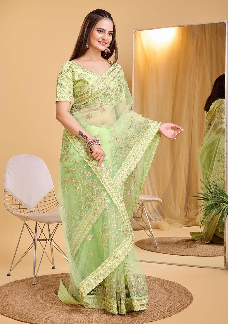 Pista Green Embroidered Soft Net Saree Set