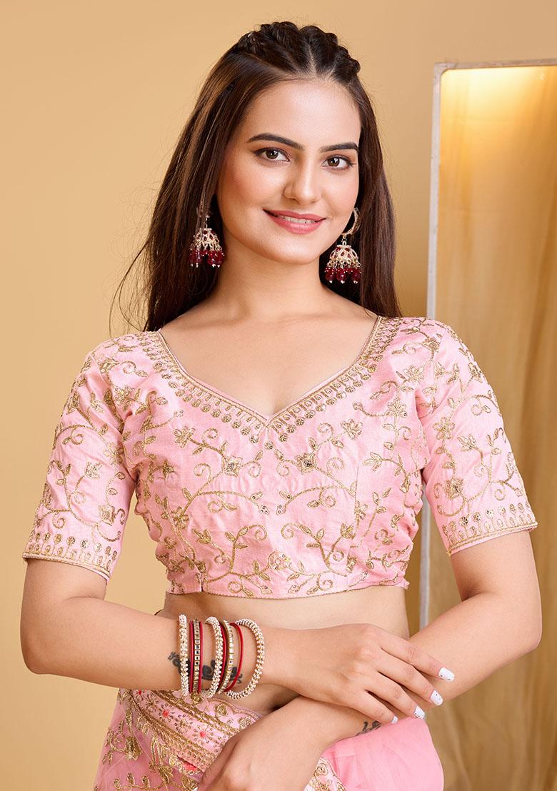 Peach Embroidered Soft Net Saree Set