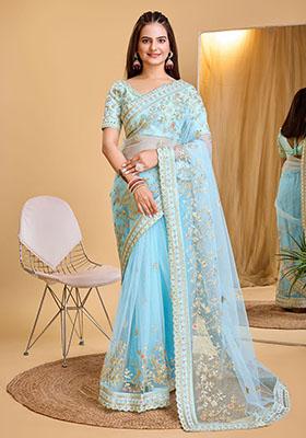 Sky Blue Embroidered Soft Net Saree Set