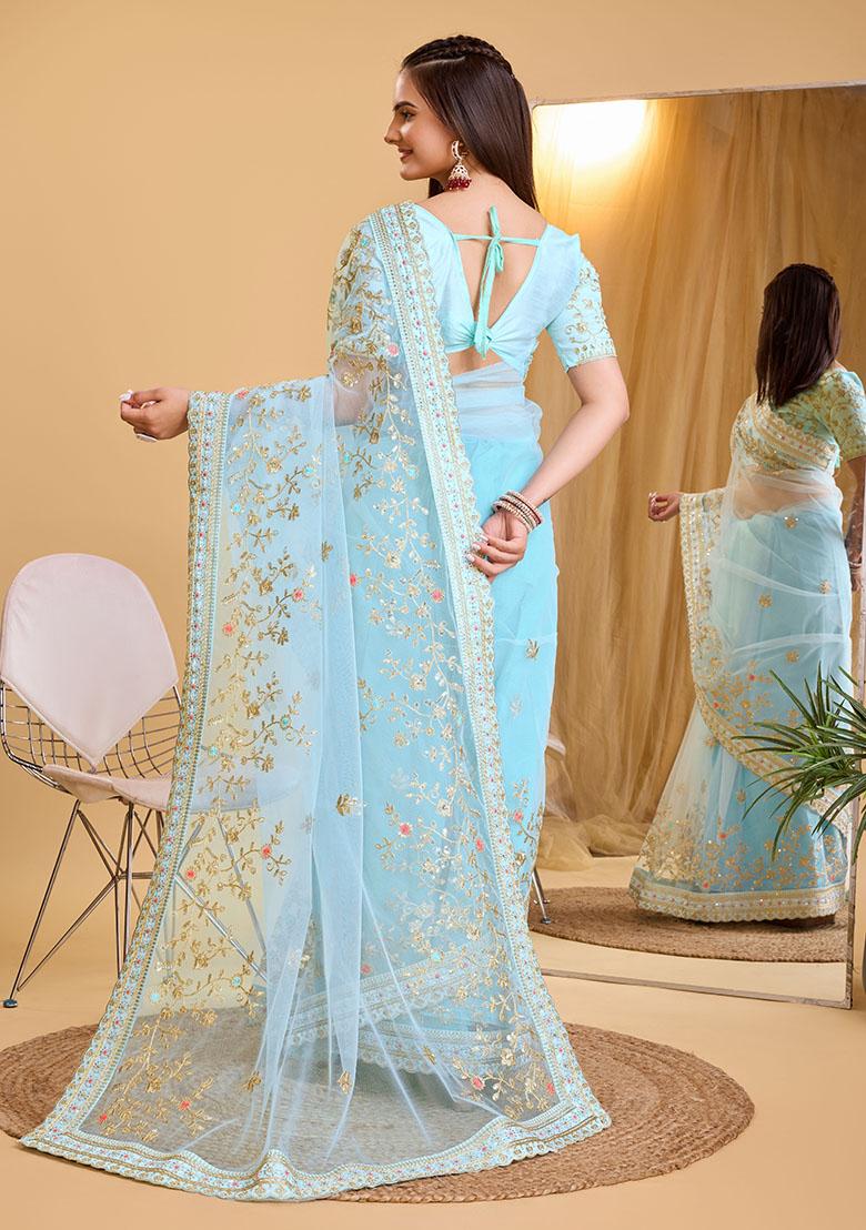 Sky Blue Embroidered Soft Net Saree Set