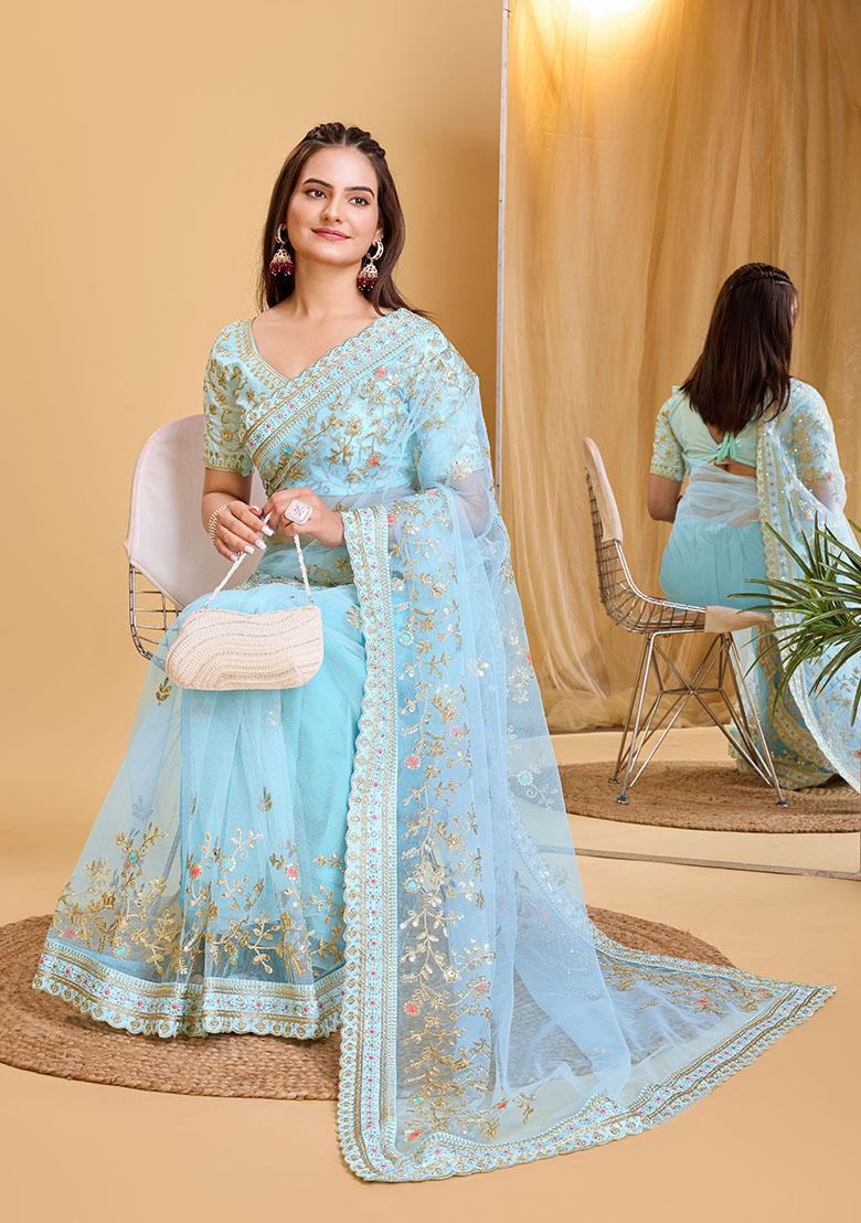Sky Blue Embroidered Soft Net Saree Set