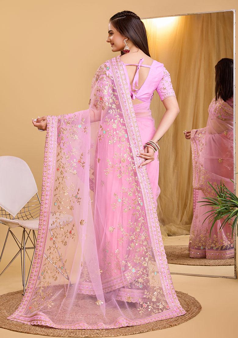 Pink Embroidered Soft Net Saree Set