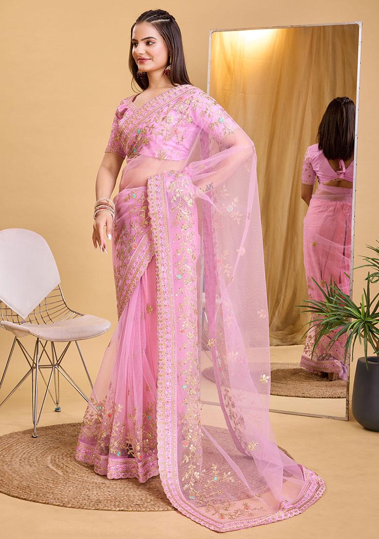 Pink Embroidered Soft Net Saree Set