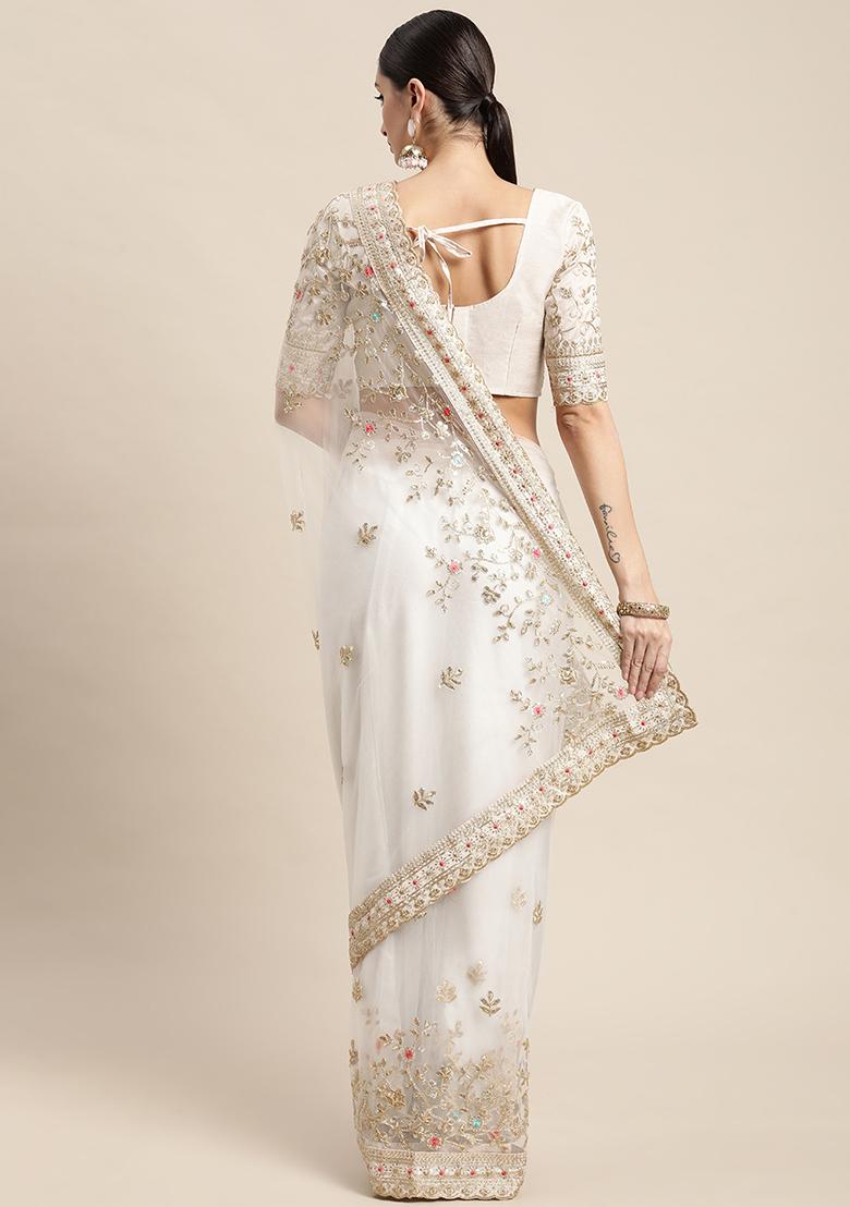 White Embroidered Soft Net Saree Set