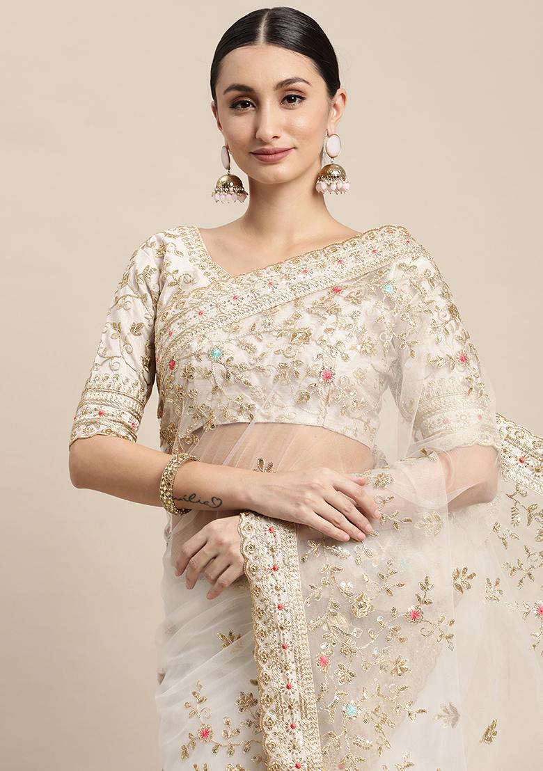 White Embroidered Soft Net Saree Set