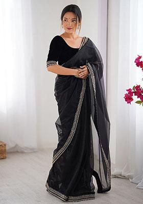 Black Sequin Embroidered Net Saree Set