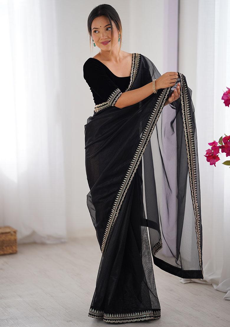 Black Sequin Embroidered Net Saree Set