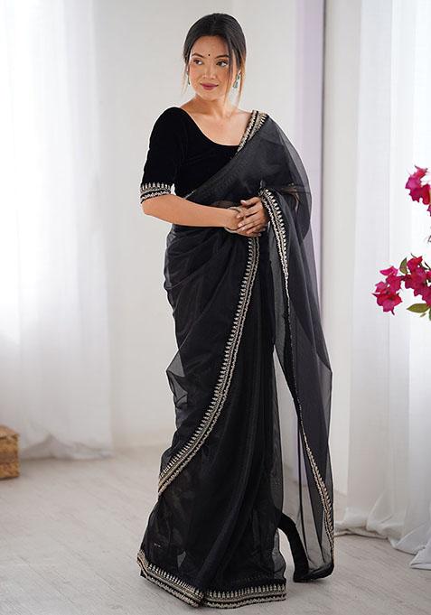 Black Sequin Embroidered Net Saree Set