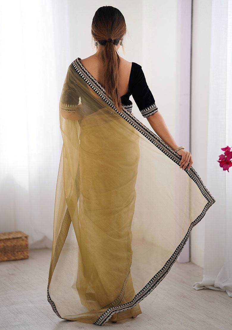 Beige Sequin Embroidered Net Saree Set