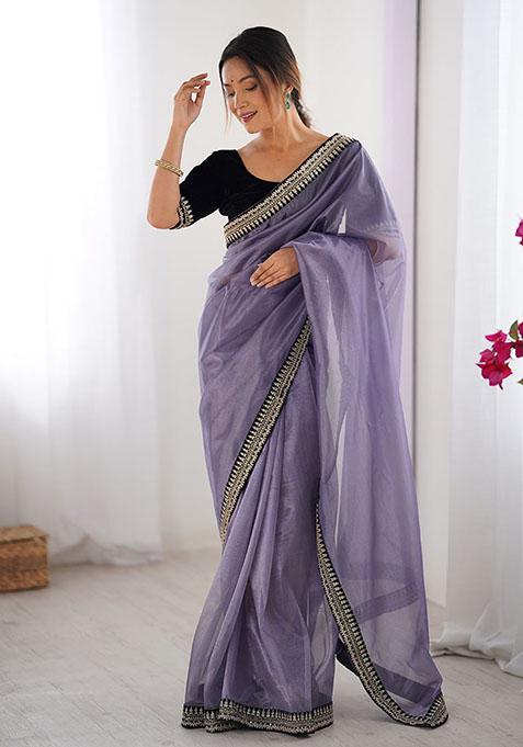 Levender Sequin Embroidered Net Saree Set