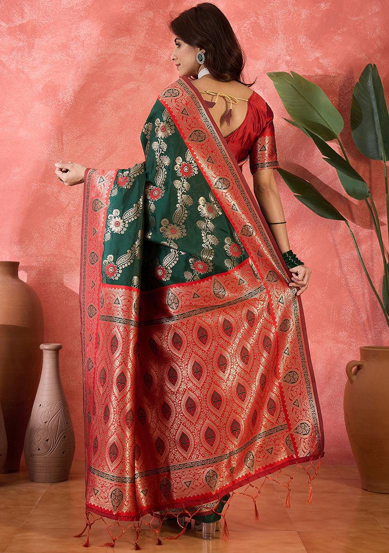 Green Woven Silk Saree Set