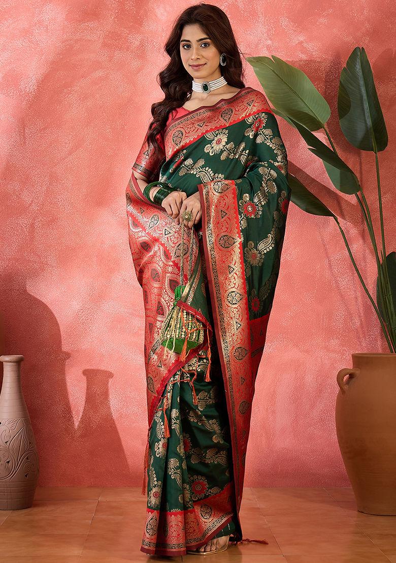 Green Woven Silk Saree Set