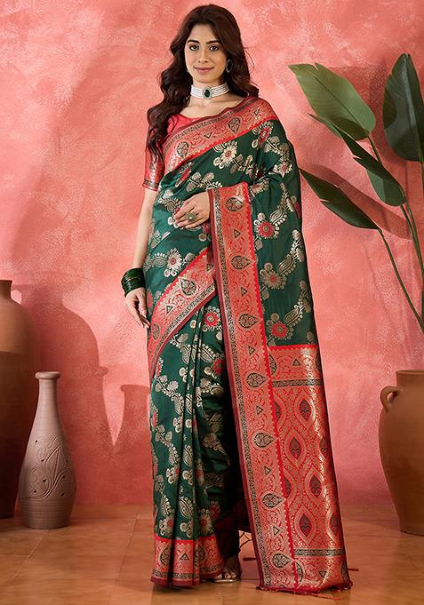 Green Woven Silk Saree Set