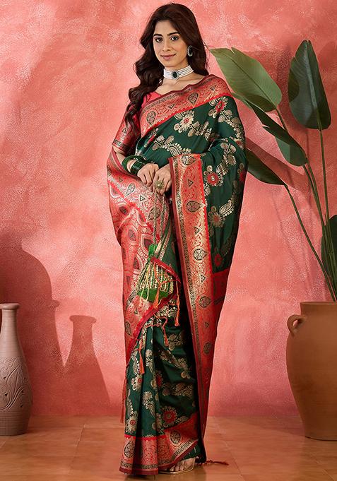 Green Woven Silk Saree Set