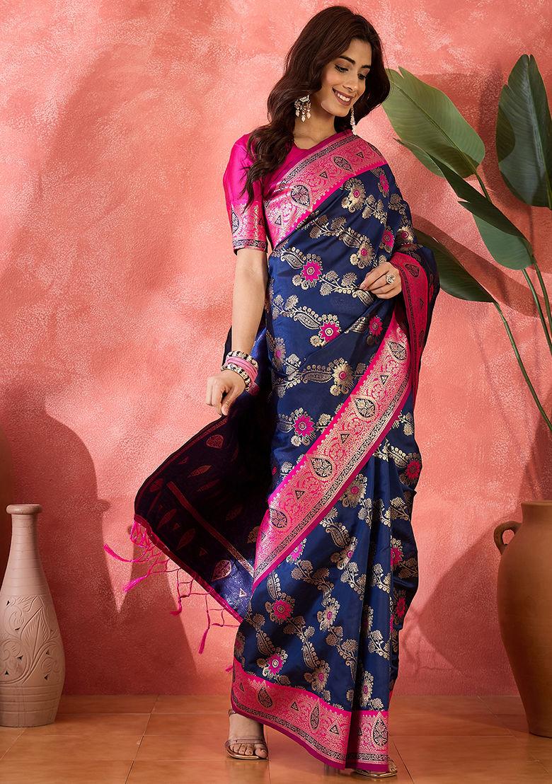 Blue Woven Silk Saree Set
