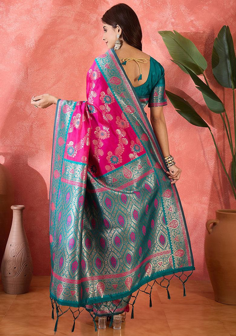 Pink Woven Silk Saree Set