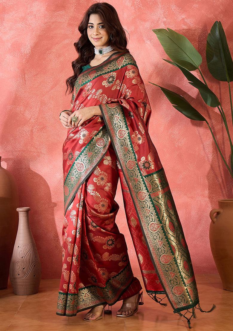 Maroon Woven Silk Saree Set