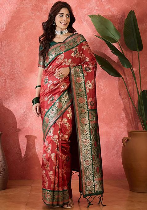 Maroon Woven Silk Saree Set