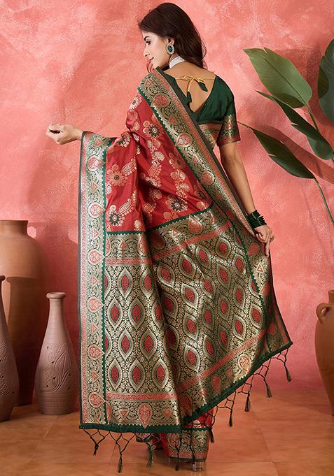 Maroon Woven Silk Saree Set