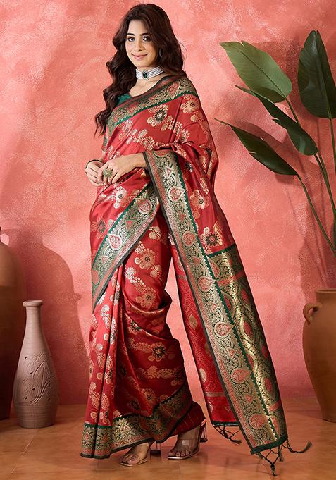 Maroon Woven Silk Saree Set