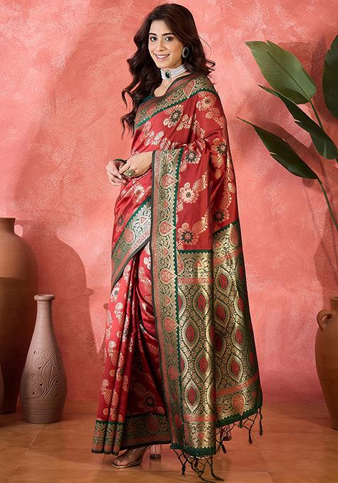Maroon Woven Silk Saree Set